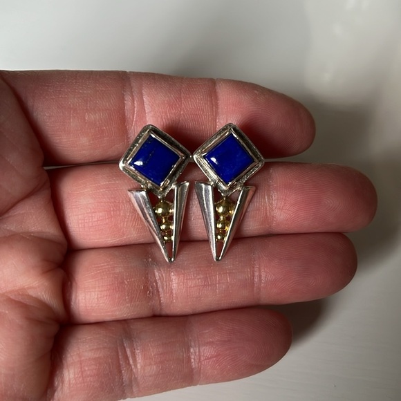 Vintage Lapis Lazuli Blue Sterling Silver Triangle Geometric Earrings - Picture 8 of 12